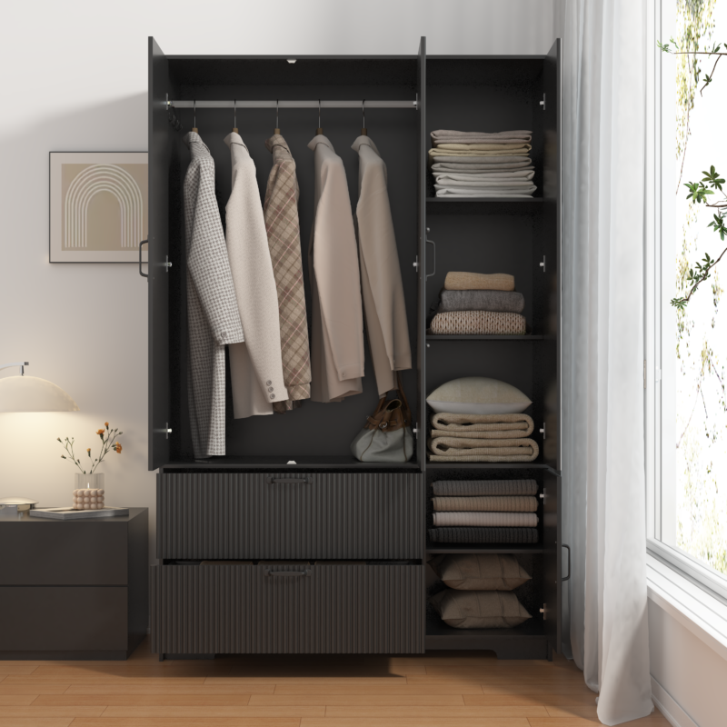 4 Doors Wardrobe Closet with Mirror, LED Wardrobe with Doors and 2 Drawers, Wooden Wardrobe Storage Cabinet with Hanging Rod, Adjustable Shelves - Image 13