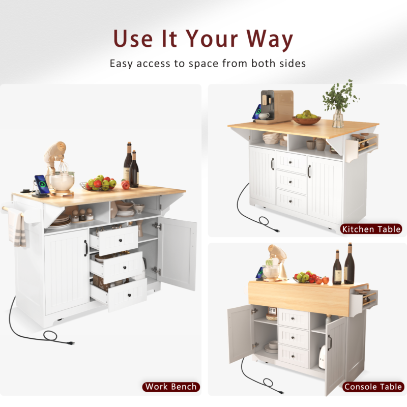 K&K 55.7'' Large Kitchen Island with 2 Drop Leaf,, Rolling Kitchen Cart on 5 Wheels with Power Outlet, Folding Storage Dining Table with Spice & Towel Rack , 3 Drawers, for Kitchen, Dining Room - Image 14