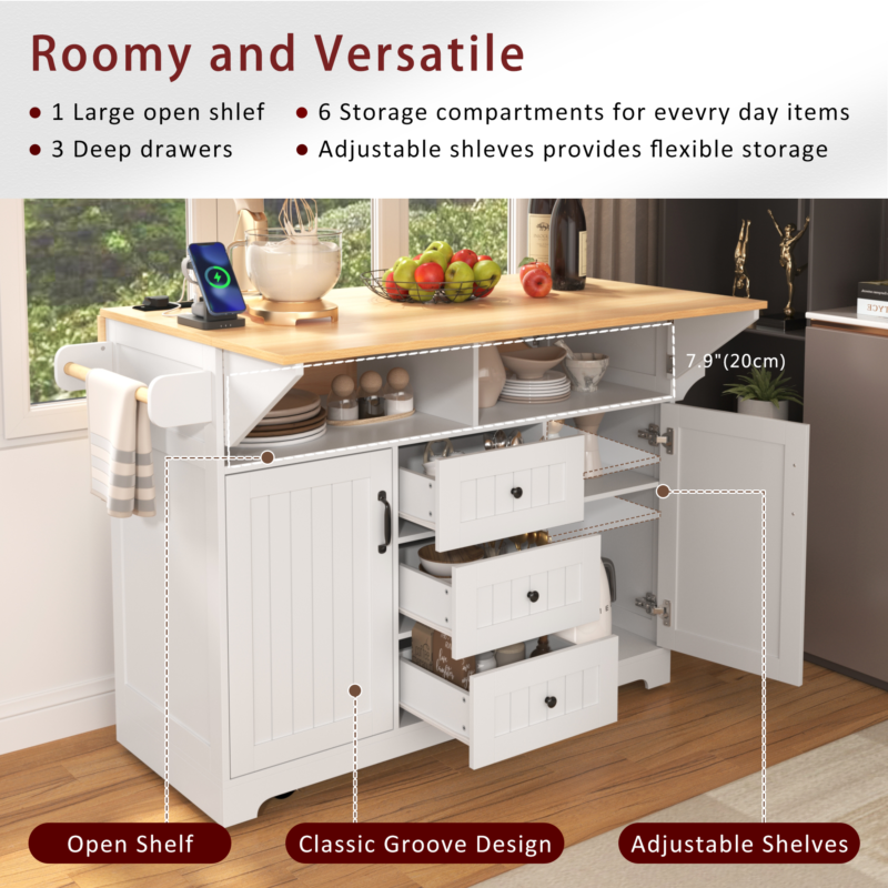 K&K 55.7'' Large Kitchen Island with 2 Drop Leaf,, Rolling Kitchen Cart on 5 Wheels with Power Outlet, Folding Storage Dining Table with Spice & Towel Rack , 3 Drawers, for Kitchen, Dining Room - Image 13