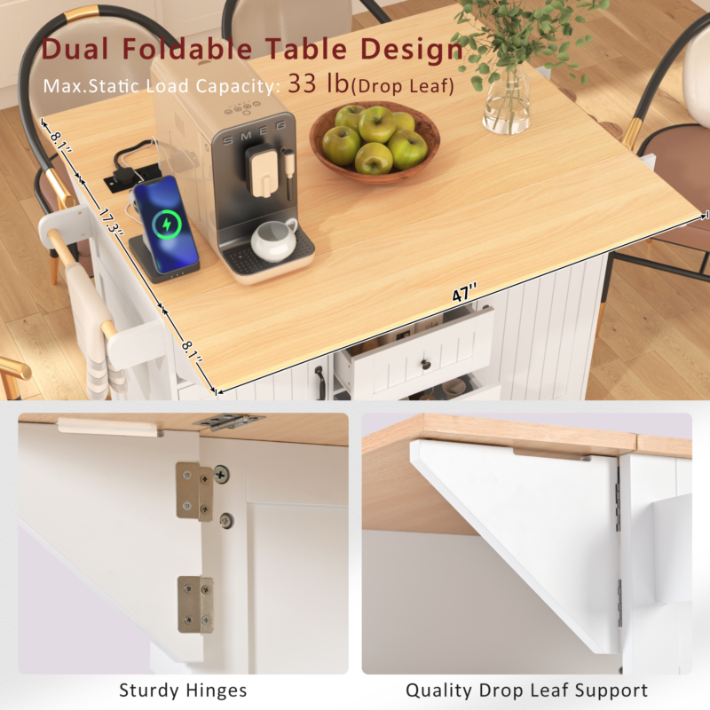K&K 55.7'' Large Kitchen Island with 2 Drop Leaf,, Rolling Kitchen Cart on 5 Wheels with Power Outlet, Folding Storage Dining Table with Spice & Towel Rack , 3 Drawers, for Kitchen, Dining Room - Image 12
