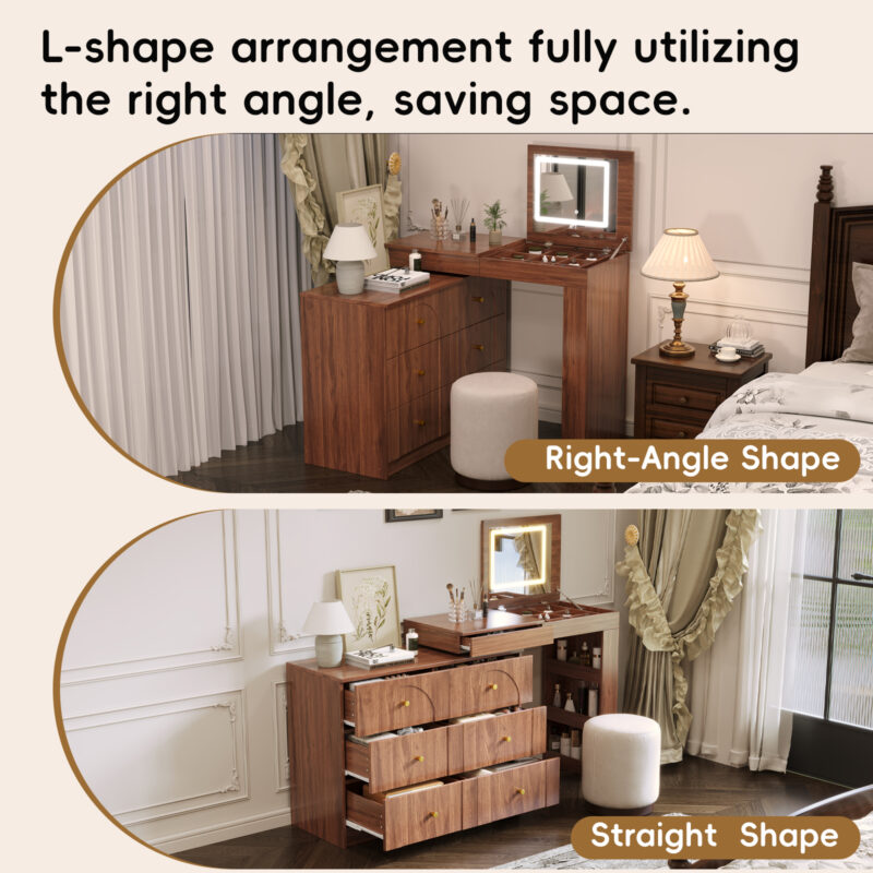 Vanity Desk with Mirror and Lights, Makeup Vanity Table with Flip-Top Tabletop and Storage 7 Drawers, 9 Compartments, 3 Shelves, 3 Color Modes Adjustable Makeup Table for Bedroom - Image 6
