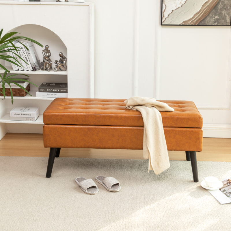 Storage Bench with Storage Bench for Bedroom End of Bed Bench Foot of Bed Bench Entryway Bench Storage Ottoman Bench 43.3" W x 17.7" Brown Leather Bench - Image 7