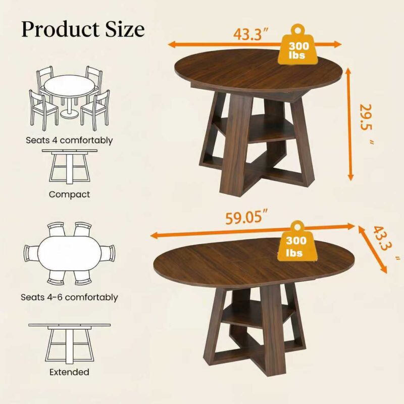 43.3in-59in Extendable Round Dining Table for 4-8,Modern Kitchen Oval Dining Table with Removable Leaves Space Saving,Wood Base with Storage Shelf for Kitchen Living Room - Image 6