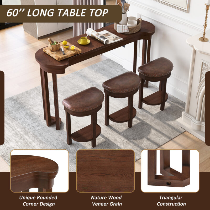 4 Piece Bar Table Set with3 PU Upholstered Bar Stools, Breakfast Table with 3 Padded Stools Solid Wood Counter Height Dining Table Set for Living Room, Dining Room - Image 4