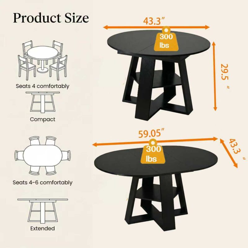 43.3in-59in Extendable Round Dining Table for 4-8,Modern Kitchen Oval Dining Table with Removable Leaves Space Saving,Wood Base with Storage Shelf for Kitchen Living Room - Image 24