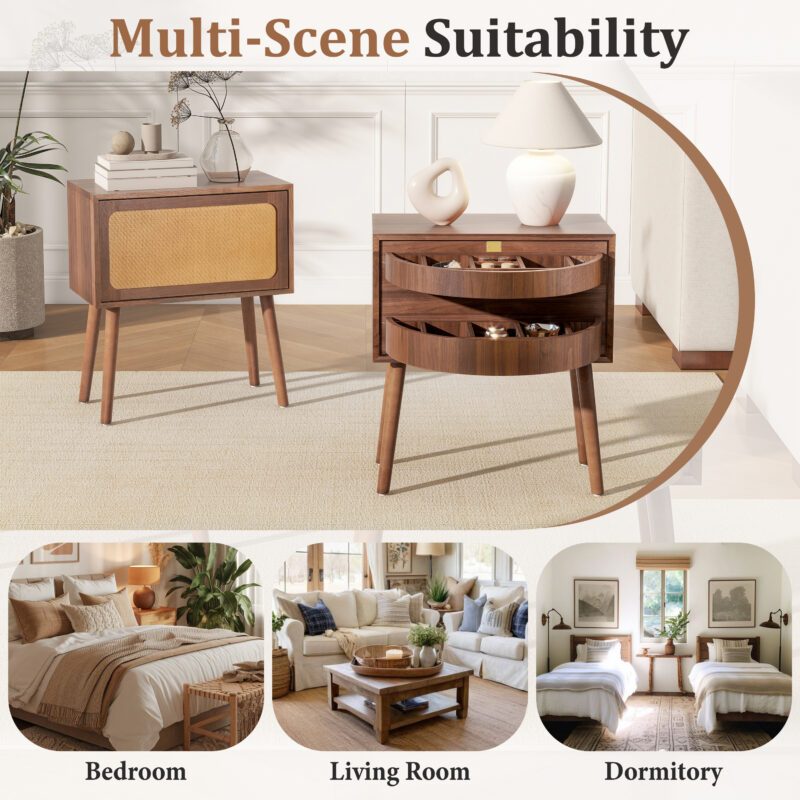 Rotating Hidden Compartment Nightstands, Mid Century Modern Concealment Furniture, Rattan Bed Side Table, Compartment End Table with Wood Legs, Bedside Tables for Bedroom, Living Room, Dorm - Image 12