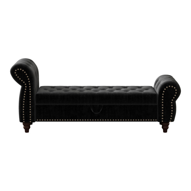 64.5" Bed Bench for Bed Room Nails Tufted Chaise of Lounge with Storage Velvet Upholstery Black - Image 3