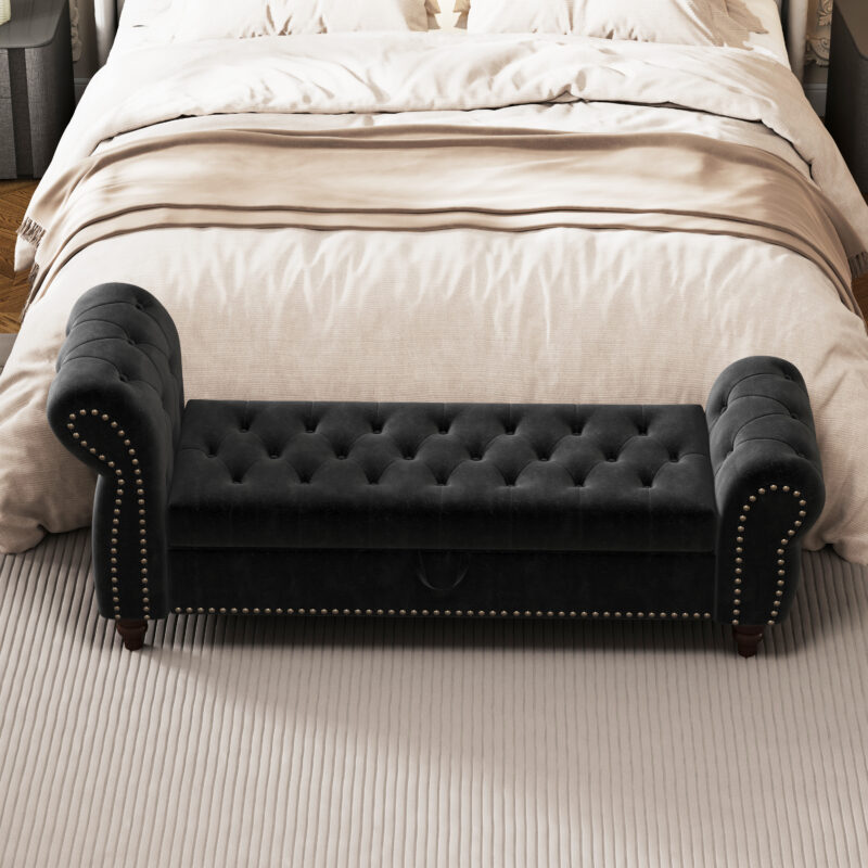 64.5" Bed Bench for Bed Room Nails Tufted Chaise of Lounge with Storage Velvet Upholstery Black - Image 2