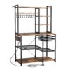 Kitchen Bakers Rack, 5 ft Power Cable Bakers Rack with Power Outlet, Kitchen Stand with X-Shaped Support Bar, 10 S-Shaped Hooks, Coffee Bar Stand for Dishes, Spice Bottles, Built-In Power Strip
