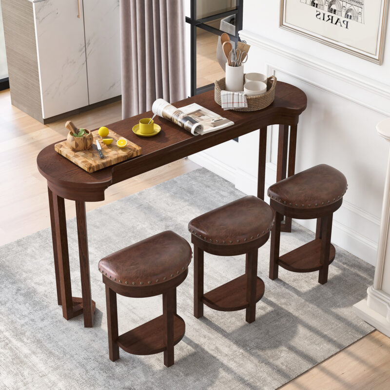 4 Piece Bar Table Set with3 PU Upholstered Bar Stools, Breakfast Table with 3 Padded Stools Solid Wood Counter Height Dining Table Set for Living Room, Dining Room - Image 8
