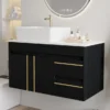 36" Wall-Mounted Bathroom Vanity with Vessel Ceramic Sink & Plywood Countertop – Soft-Close Door & Drawers, Floating Design