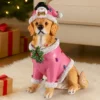 Christmas Golden Retriever Statue, Holiday Dog Figurine in Pink Santa Outfit