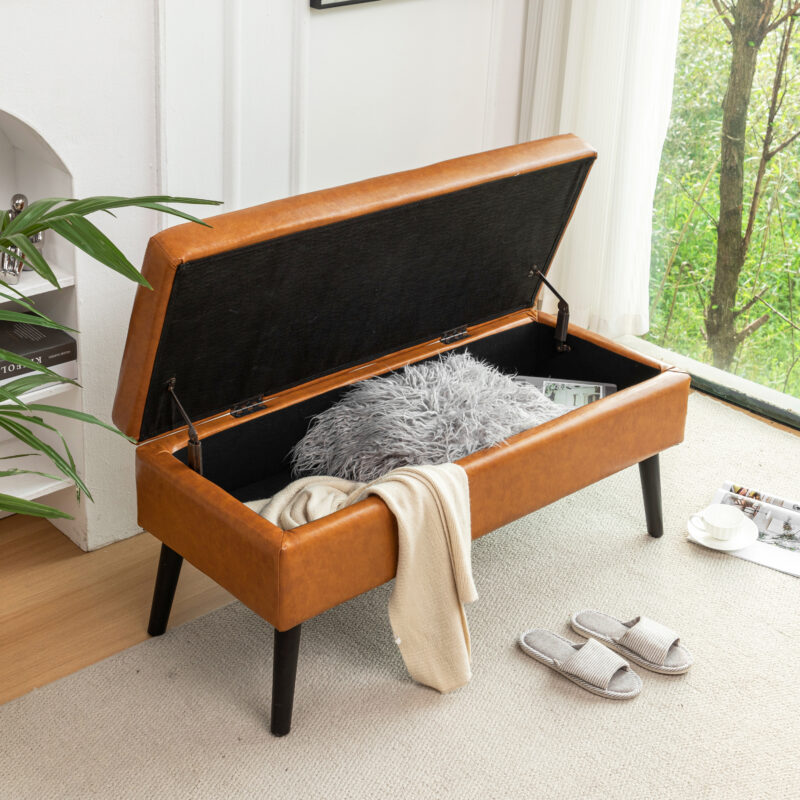 Storage Bench with Storage Bench for Bedroom End of Bed Bench Foot of Bed Bench Entryway Bench Storage Ottoman Bench 43.3" W x 17.7" Brown Leather Bench - Image 2