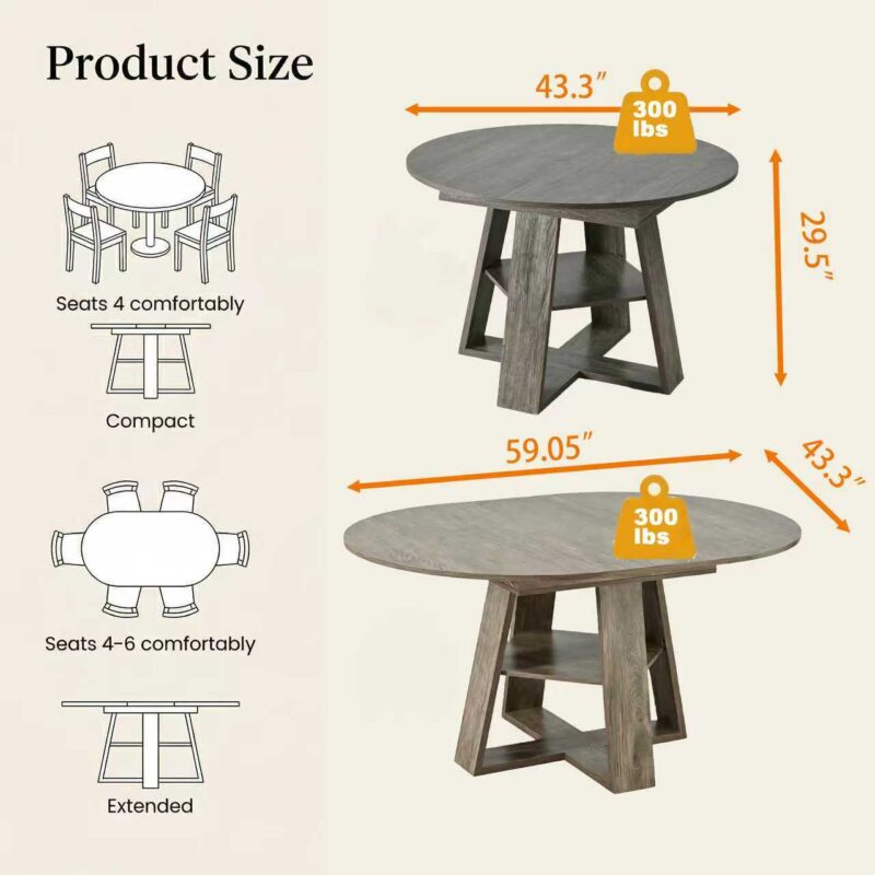 43.3in-59in Extendable Round Dining Table for 4-8,Modern Kitchen Oval Dining Table with Removable Leaves Space Saving,Wood Base with Storage Shelf for Kitchen Living Room - Image 14