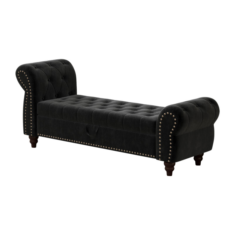 64.5" Bed Bench for Bed Room Nails Tufted Chaise of Lounge with Storage Velvet Upholstery Black - Image 9
