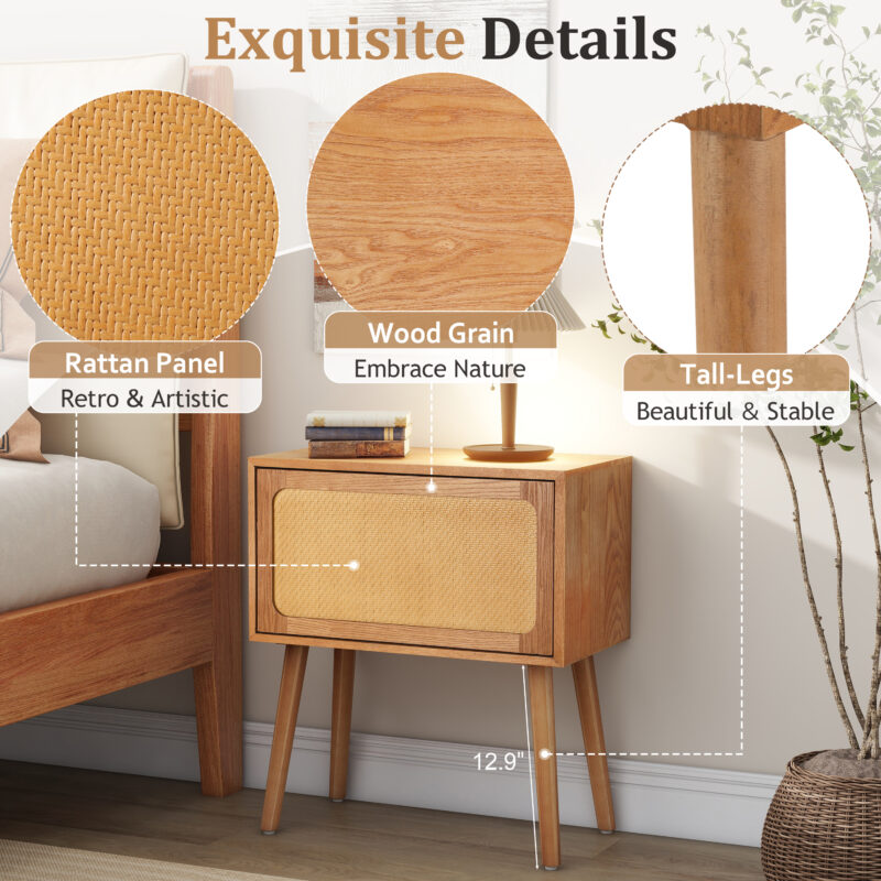 Rotating Hidden Compartment Nightstands, Mid Century Modern Concealment Furniture, Rattan Bed Side Table, Compartment End Table with Wood Legs, Bedside Tables for Bedroom, Living Room, Dorm - Image 9
