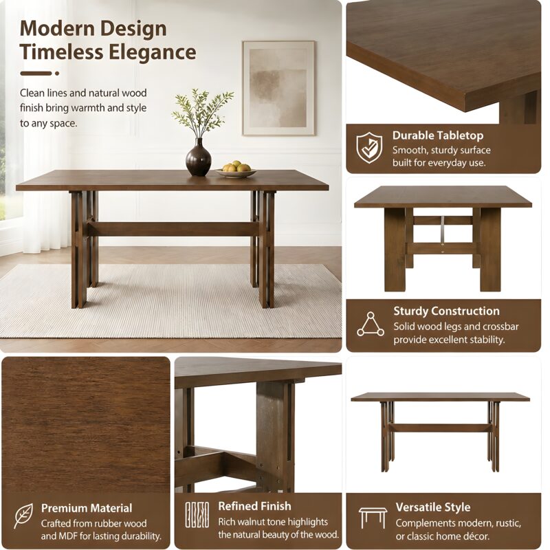 Modern Wooden Dining Table for 4 to 6 People, 71" Large Kitchen Dining Table with Wood Pedestal Base, Mid Century Rectangular Long Dinner Table for Home Dining Room Restaurant, Walnut - Image 2
