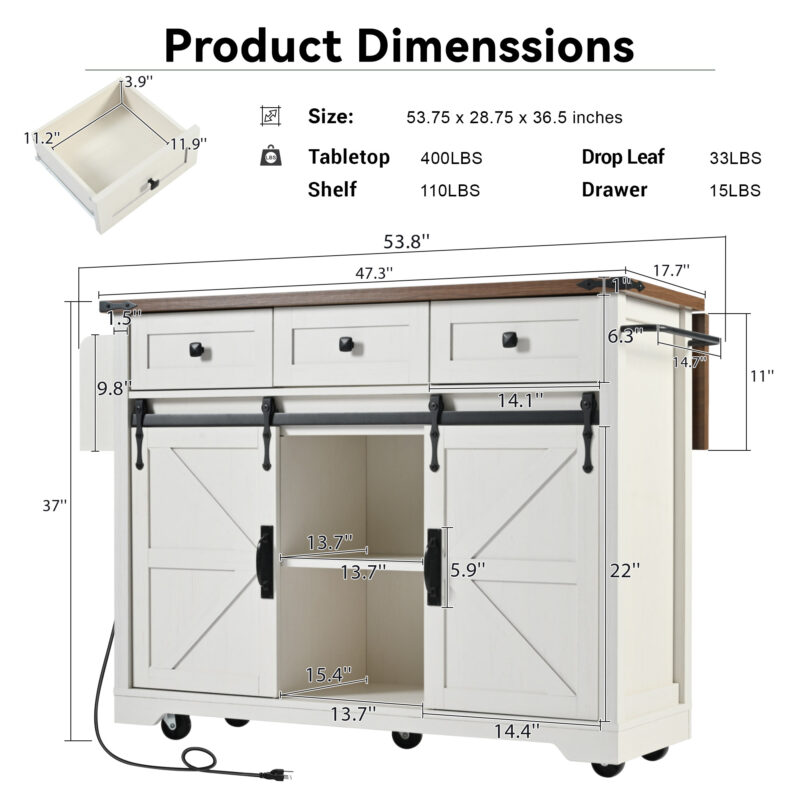 K&K 53.7" Farmhouse Kitchen Island with Power Outlet, 2 Sliding Barn Door Kitchen Storage Island with Drop Leaf, Spice Rack Rolling Kitchen Cart on Wheels, for Home, Kitchen and Dining Room - Image 6
