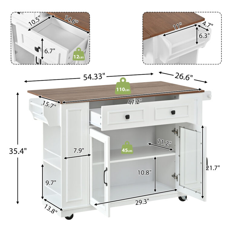 54" Mobile Kitchen Island with Glass Door Storage, Power Outlet & Open Shelves, Rolling Kitchen Cart with Towel Rack, Spice Rack & Knife Holder, Functional Kitchen Prep Table for Kitchen, Dining - Image 17