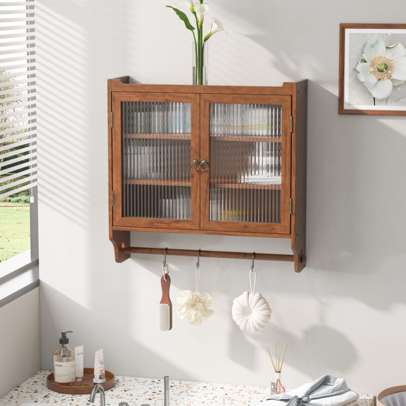 24.8"Glass Door Vintage Double Door Wall Cabinet with Three Tiers of Storage with Towel Rack, for Bathroom, Kitchen,Dining Room - Image 5