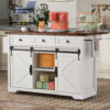 K&K 53.7" Farmhouse Kitchen Island with Power Outlet, 2 Sliding Barn Door Kitchen Storage Island with Drop Leaf, Spice Rack Rolling Kitchen Cart on Wheels, for Home, Kitchen and Dining Room