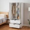 2 Door Wood Wardrobe for Bedroom with Hanging Clothing Rod inside the Cabinet and 2 Drawers for Storage Organization, Built-in induction light Multifunctional Closet with Mirror - Image 2