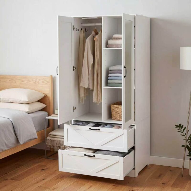 2 Door Wood Wardrobe for Bedroom with Hanging Clothing Rod inside the Cabinet and 2 Drawers for Storage Organization, Built-in induction light Multifunctional Closet with Mirror - Image 2