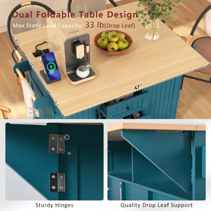 K&K 55.7'' Large Kitchen Island with 2 Drop Leaf,, Rolling Kitchen Cart on 5 Wheels with Power Outlet, Folding Storage Dining Table with Spice & Towel Rack , 3 Drawers, for Kitchen, Dining Room - Image 3