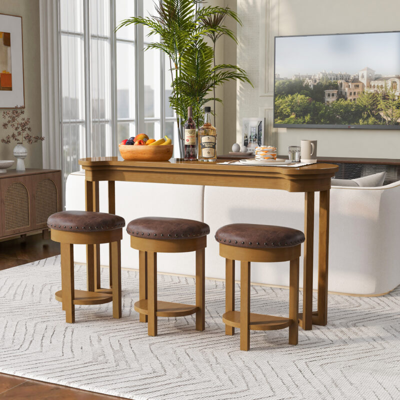 4 Piece Bar Table Set with3 PU Upholstered Bar Stools, Breakfast Table with 3 Padded Stools Solid Wood Counter Height Dining Table Set for Living Room, Dining Room - Image 9
