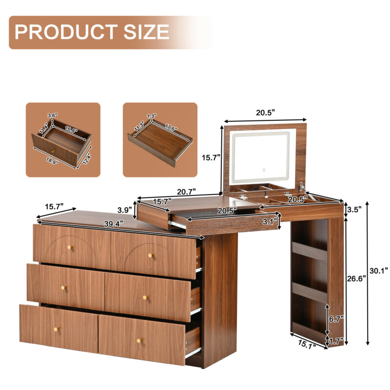 Vanity Desk with Mirror and Lights, Makeup Vanity Table with Flip-Top Tabletop and Storage 7 Drawers, 9 Compartments, 3 Shelves, 3 Color Modes Adjustable Makeup Table for Bedroom - Image 7