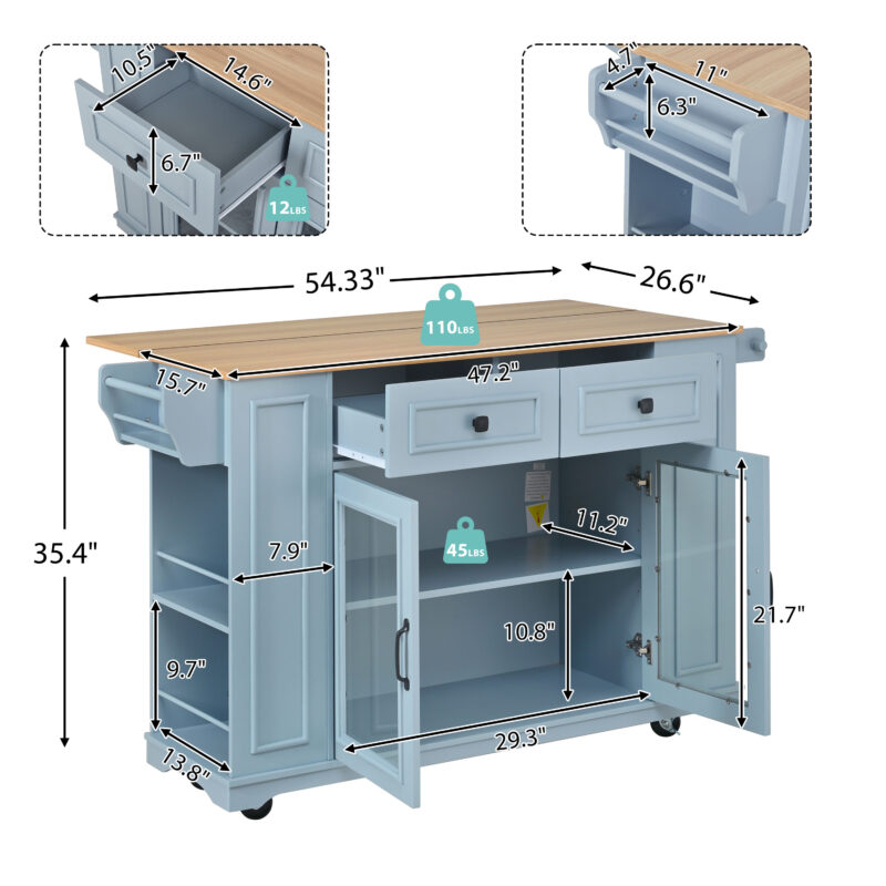 54" Mobile Kitchen Island with Glass Door Storage, Power Outlet & Open Shelves, Rolling Kitchen Cart with Towel Rack, Spice Rack & Knife Holder, Functional Kitchen Prep Table for Kitchen, Dining - Image 3