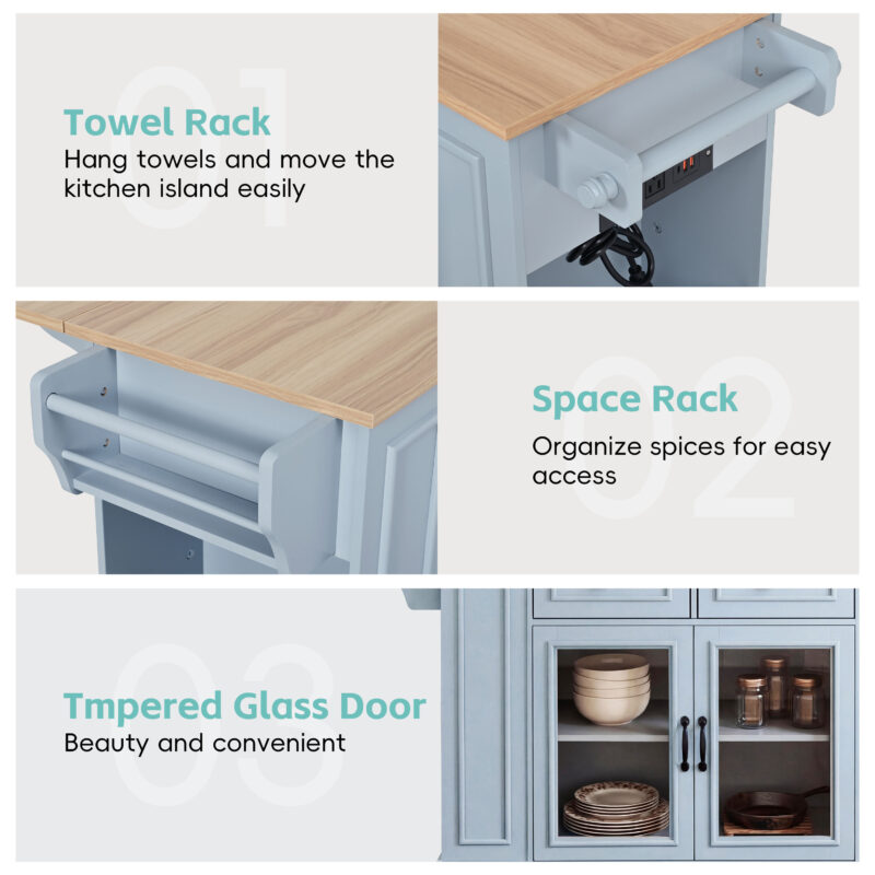 54" Mobile Kitchen Island with Glass Door Storage, Power Outlet & Open Shelves, Rolling Kitchen Cart with Towel Rack, Spice Rack & Knife Holder, Functional Kitchen Prep Table for Kitchen, Dining - Image 4