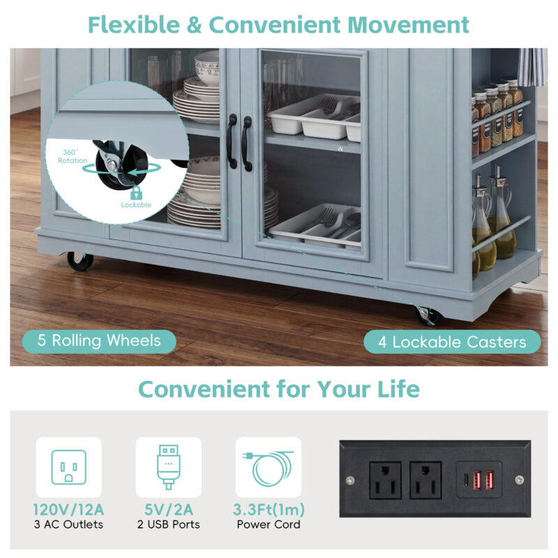 54" Mobile Kitchen Island with Glass Door Storage, Power Outlet & Open Shelves, Rolling Kitchen Cart with Towel Rack, Spice Rack & Knife Holder, Functional Kitchen Prep Table for Kitchen, Dining - Image 5