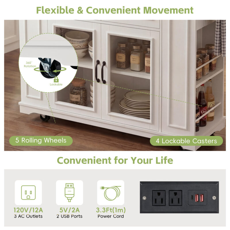 54" Mobile Kitchen Island with Glass Door Storage, Power Outlet & Open Shelves, Rolling Kitchen Cart with Towel Rack, Spice Rack & Knife Holder, Functional Kitchen Prep Table for Kitchen, Dining - Image 18