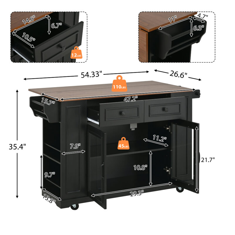 54" Mobile Kitchen Island with Glass Door Storage, Power Outlet & Open Shelves, Rolling Kitchen Cart with Towel Rack, Spice Rack & Knife Holder, Functional Kitchen Prep Table for Kitchen, Dining - Image 12