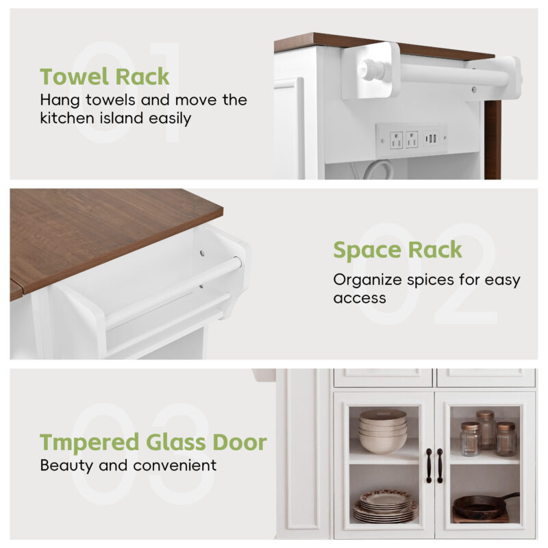 54" Mobile Kitchen Island with Glass Door Storage, Power Outlet & Open Shelves, Rolling Kitchen Cart with Towel Rack, Spice Rack & Knife Holder, Functional Kitchen Prep Table for Kitchen, Dining - Image 20