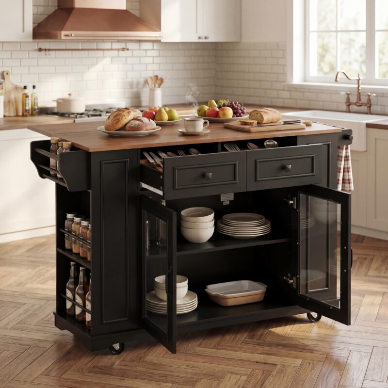 54" Mobile Kitchen Island with Glass Door Storage, Power Outlet & Open Shelves, Rolling Kitchen Cart with Towel Rack, Spice Rack & Knife Holder, Functional Kitchen Prep Table for Kitchen, Dining - Image 9