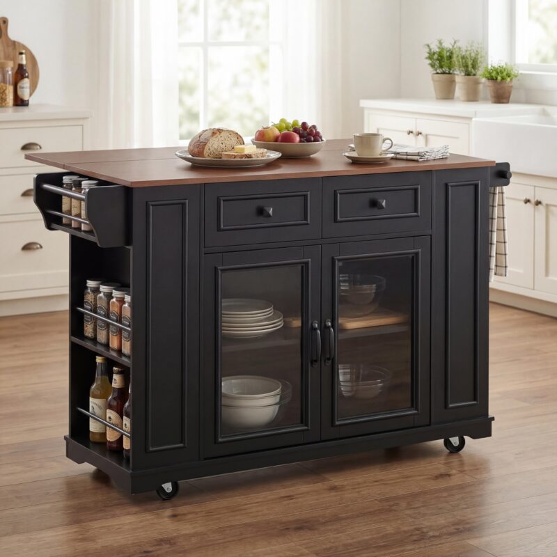 54" Mobile Kitchen Island with Glass Door Storage, Power Outlet & Open Shelves, Rolling Kitchen Cart with Towel Rack, Spice Rack & Knife Holder, Functional Kitchen Prep Table for Kitchen, Dining - Image 8