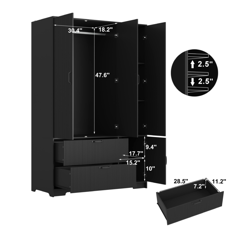 4 Doors Wardrobe Closet with Mirror, LED Wardrobe with Doors and 2 Drawers, Wooden Wardrobe Storage Cabinet with Hanging Rod, Adjustable Shelves - Image 17