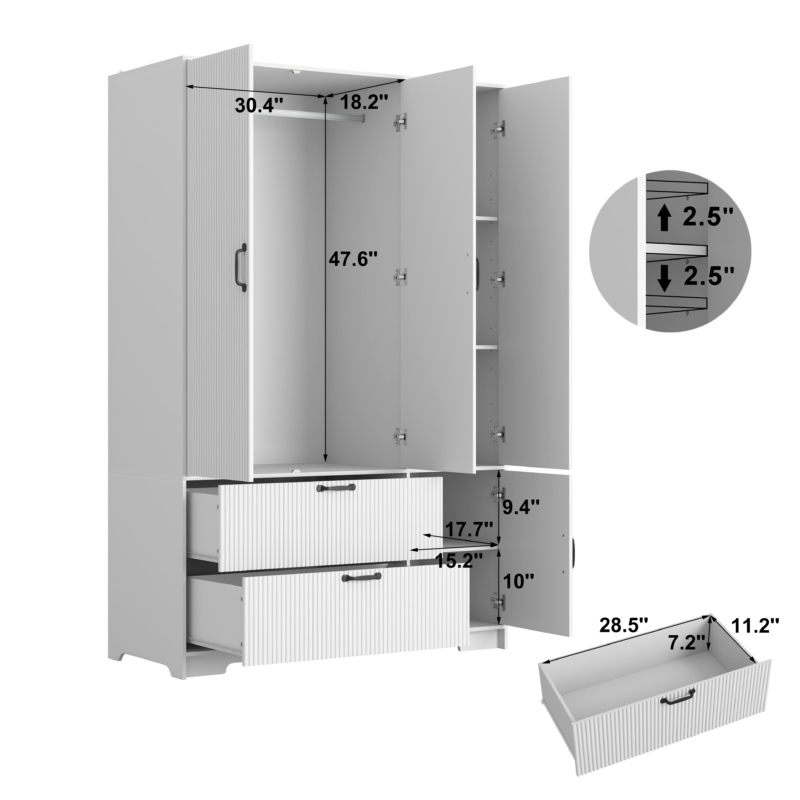4 Doors Wardrobe Closet with Mirror, LED Wardrobe with Doors and 2 Drawers, Wooden Wardrobe Storage Cabinet with Hanging Rod, Adjustable Shelves - Image 10