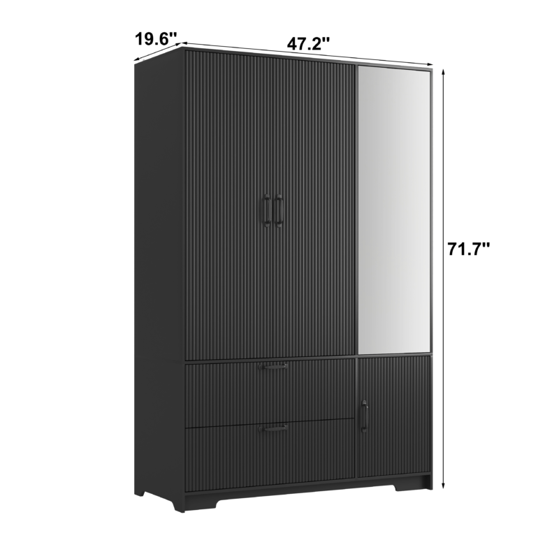 4 Doors Wardrobe Closet with Mirror, LED Wardrobe with Doors and 2 Drawers, Wooden Wardrobe Storage Cabinet with Hanging Rod, Adjustable Shelves - Image 18