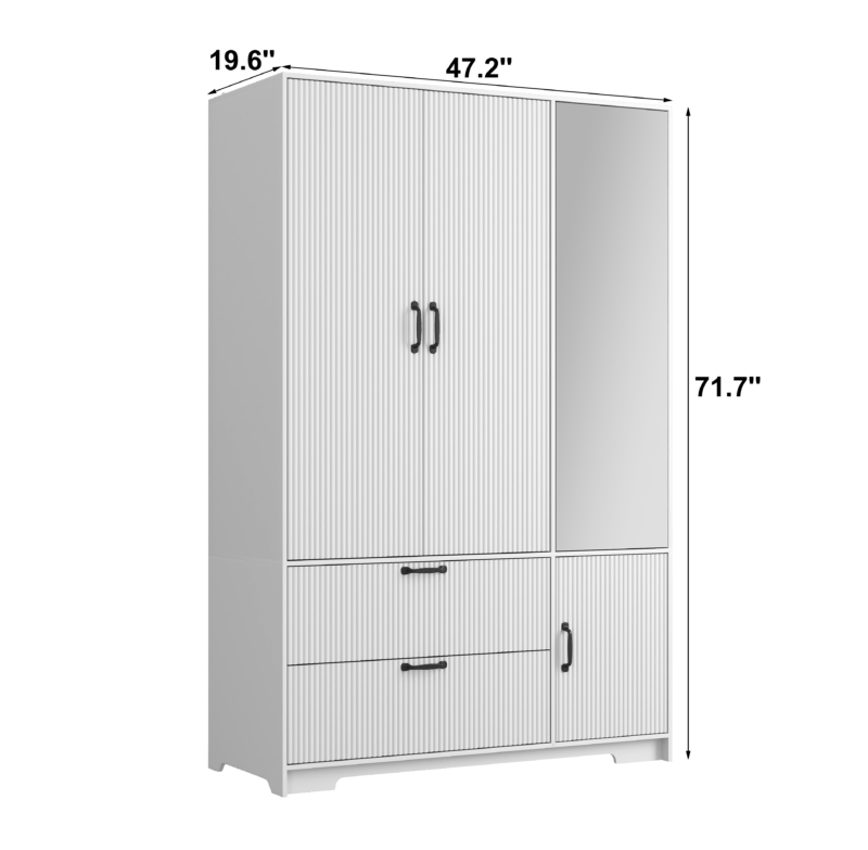4 Doors Wardrobe Closet with Mirror, LED Wardrobe with Doors and 2 Drawers, Wooden Wardrobe Storage Cabinet with Hanging Rod, Adjustable Shelves - Image 11