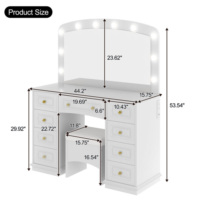 Luxurious Makeup Vanity with 10 Hollywood Bulbs, 3 Color Lighting Modes, Classic Dressing Table with Cushioned Stool and 9 Storage Drawers for Bedroom - Image 8