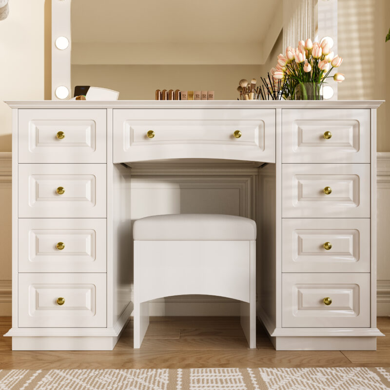 Luxurious Makeup Vanity with 10 Hollywood Bulbs, 3 Color Lighting Modes, Classic Dressing Table with Cushioned Stool and 9 Storage Drawers for Bedroom - Image 6