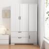 4 Doors Wardrobe Closet with Mirror, LED Wardrobe with Doors and 2 Drawers, Wooden Wardrobe Storage Cabinet with Hanging Rod, Adjustable Shelves