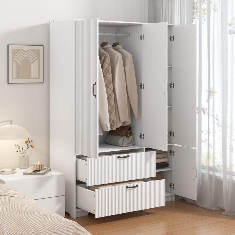 4 Doors Wardrobe Closet with Mirror, LED Wardrobe with Doors and 2 Drawers, Wooden Wardrobe Storage Cabinet with Hanging Rod, Adjustable Shelves - Image 8