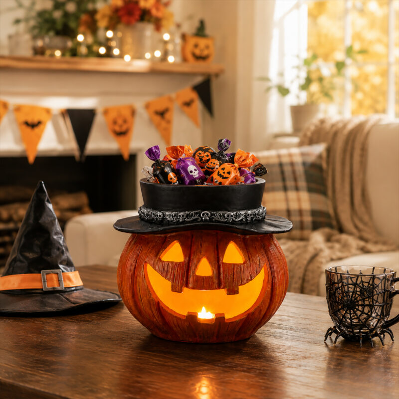 Halloween Pumpkin Candy Bowl with Witch Hat, Light Up Jack O Lantern Decoration, Spooky Tabletop Storage Container for Home Party Decor - Image 10