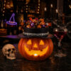 Halloween Pumpkin Candy Bowl with Witch Hat, Light Up Jack O Lantern Decoration, Spooky Tabletop Storage Container for Home Party Decor