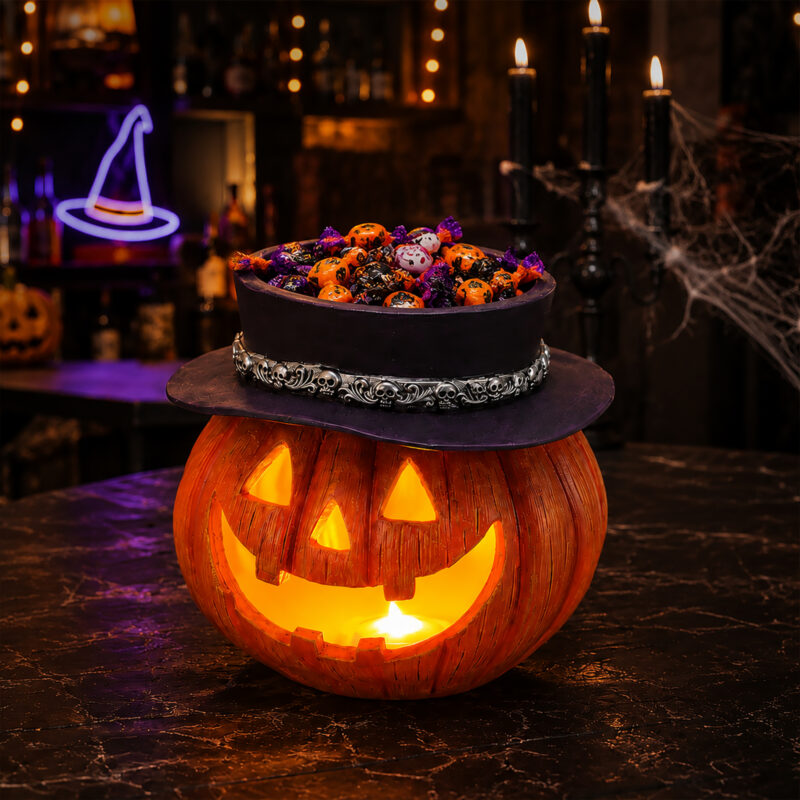 Halloween Pumpkin Candy Bowl with Witch Hat, Light Up Jack O Lantern Decoration, Spooky Tabletop Storage Container for Home Party Decor - Image 2