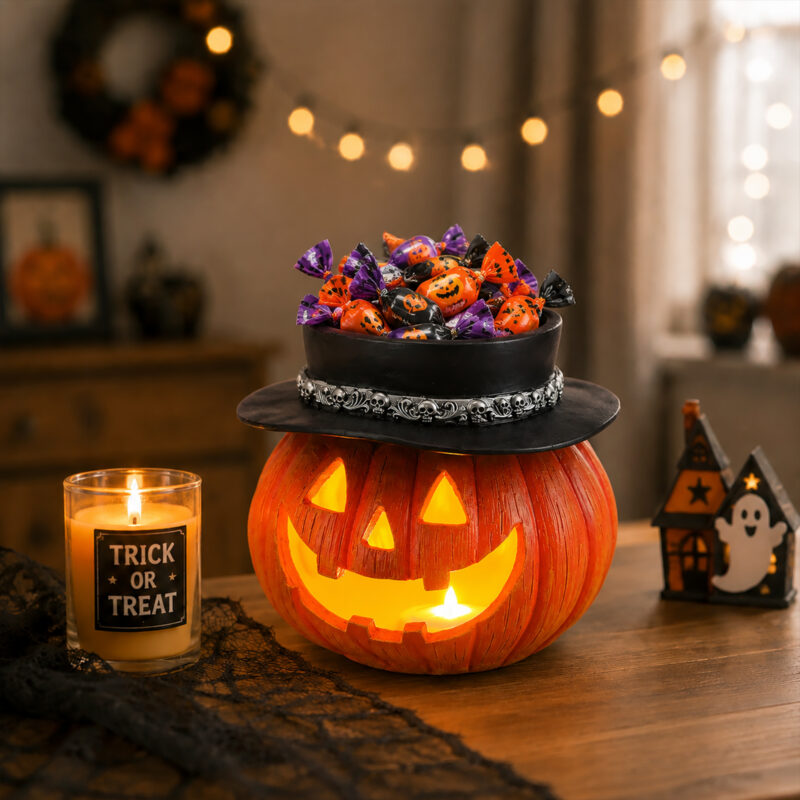 Halloween Pumpkin Candy Bowl with Witch Hat, Light Up Jack O Lantern Decoration, Spooky Tabletop Storage Container for Home Party Decor - Image 9